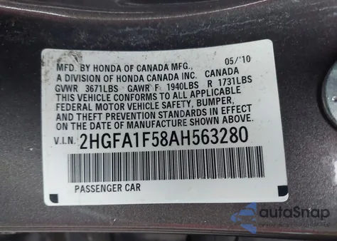 2010 Honda Civic Lx из США, поврежденный, VIN 2HGFA1F58AH563280